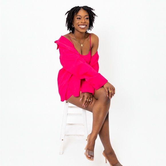 Pink Tailored Mini Dress Set with Oversized Structured Shirt - S - - Picture 2 of 3